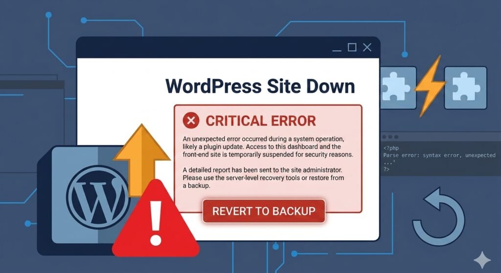 WordPress site down after update showing a critical error message on the front end