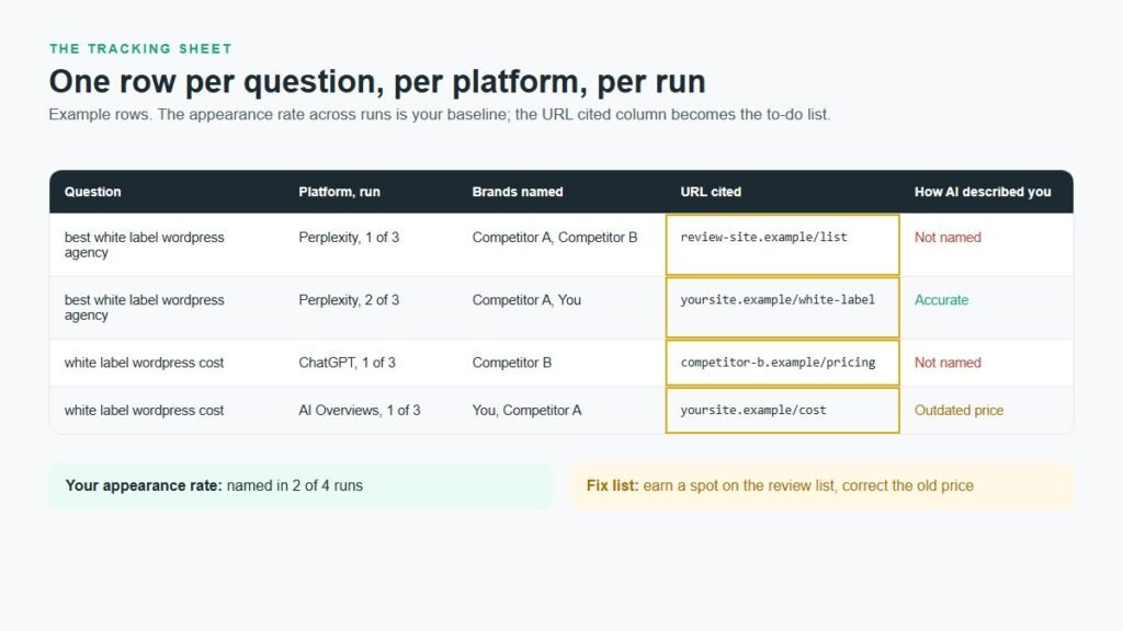 Example AI visibility tracking sheet with columns for the buyer question, platform and run, brands named, URL cited, and how the AI described the brand