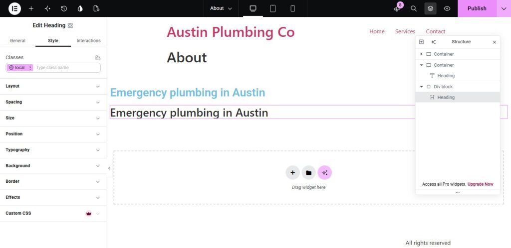 Elementor Atomic Editor Style tab for a Heading, with Classes, Layout, Spacing, Typography, and Custom CSS sections