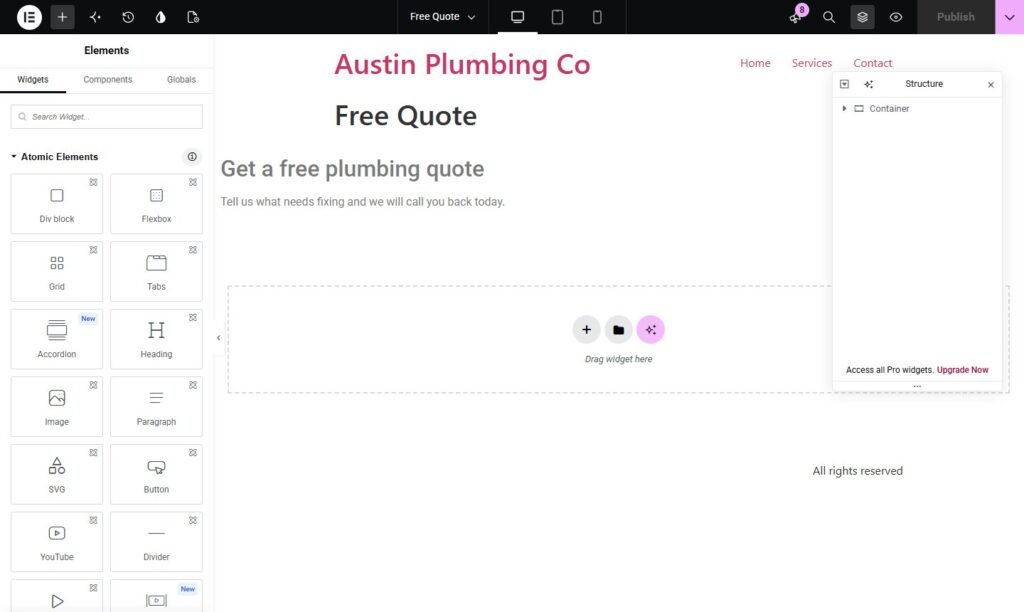 Elementor Atomic Editor elements panel listing atomic elements such as Div block, Flexbox, Grid, Heading, and Paragraph