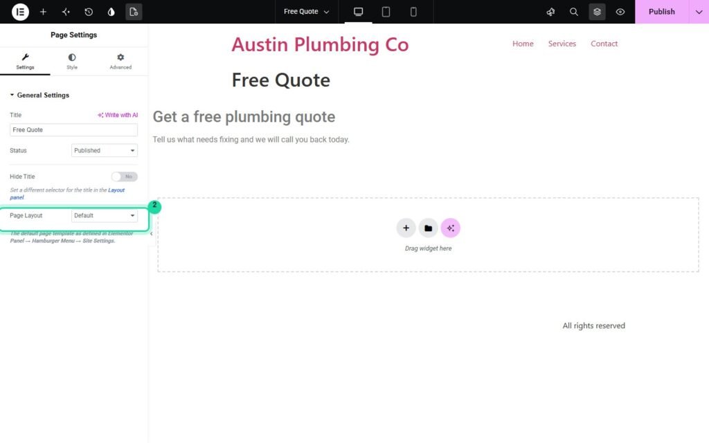 Elementor Page Settings panel with the Page Layout dropdown set to Default