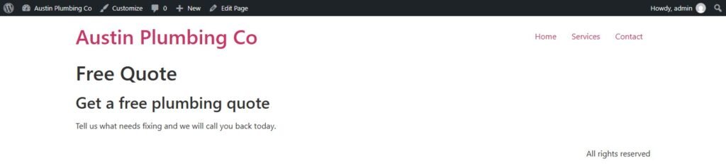 WordPress page built with Elementor showing the theme header with site title and menu