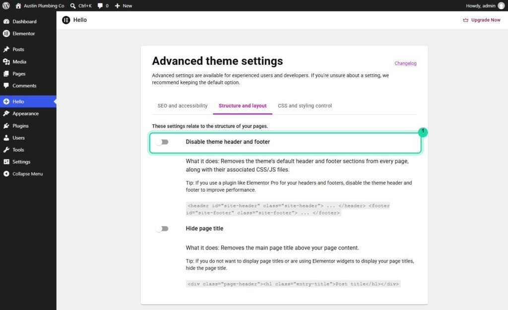 Hello Elementor theme settings with the Disable theme header and footer option highlighted