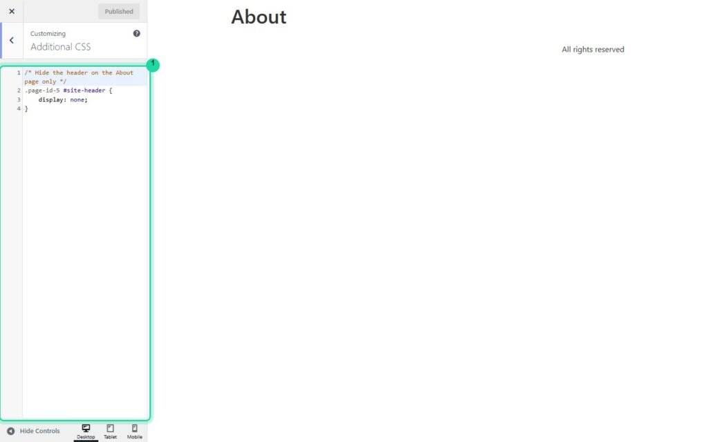 WordPress Customizer Additional CSS hiding the header on one page only