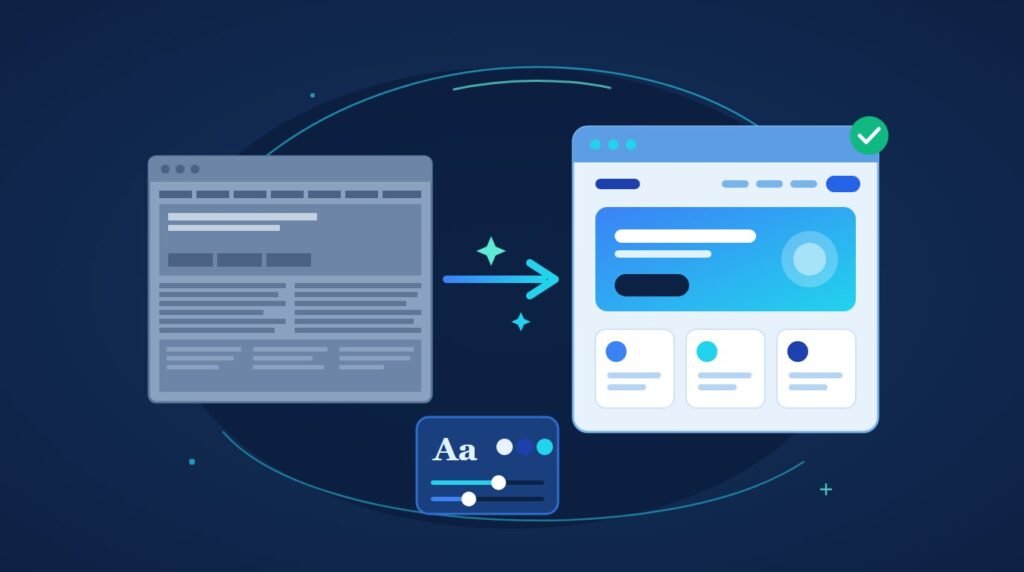 An outdated cramped website transformed into a modern airy WordPress design using global typography, colour and spacing settings