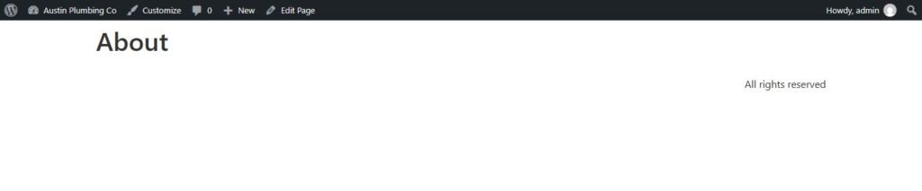 About page with the header hidden by CSS while the footer still shows