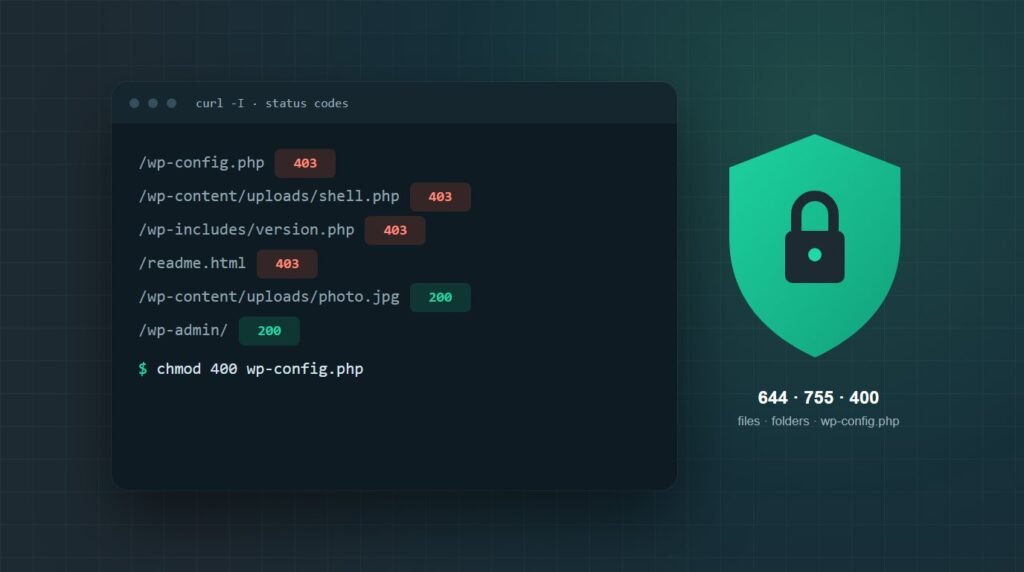 Terminal showing how to protect WordPress files, with wp-config.php and uploads PHP requests returning 403