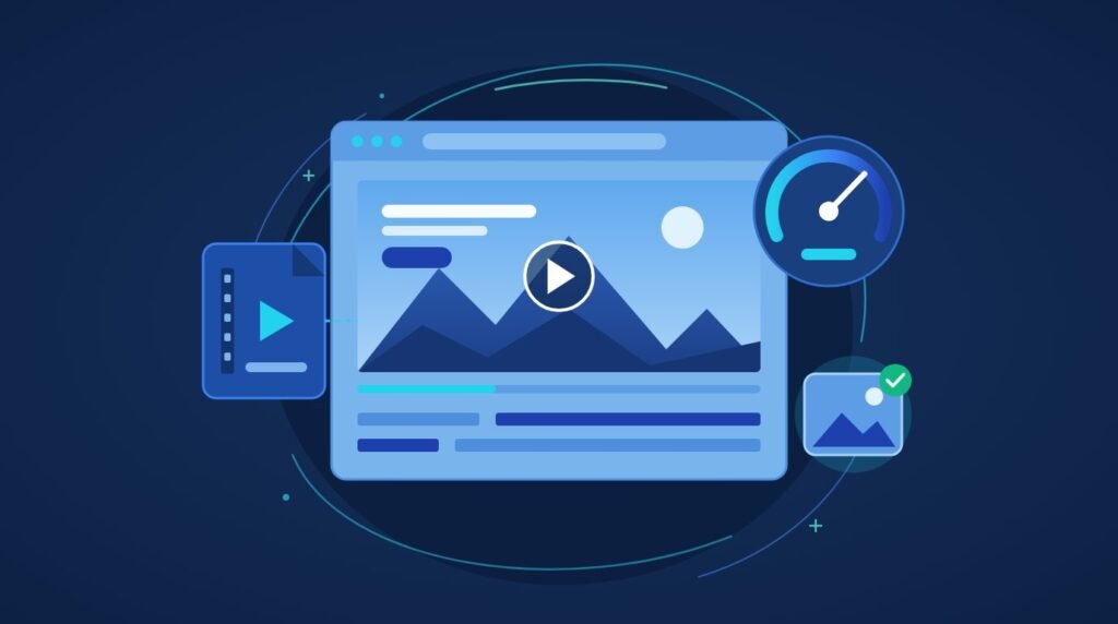 Browser window with a video hero, poster image and page speed gauge, illustrating a video background slowing down a website