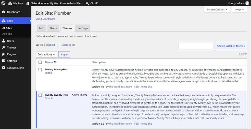 Edit Site Themes tab in WordPress Multisite, enabling a theme for one site only