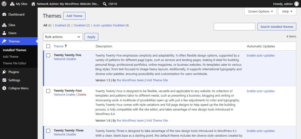 WordPress Multisite network Themes screen showing Network Enable and Network Disable for each installed theme