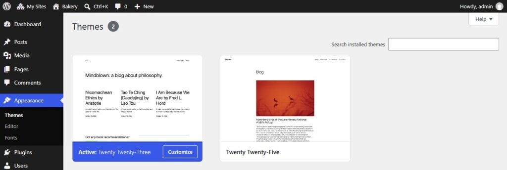 Appearance Themes screen on a Multisite subsite showing only the two themes enabled for it