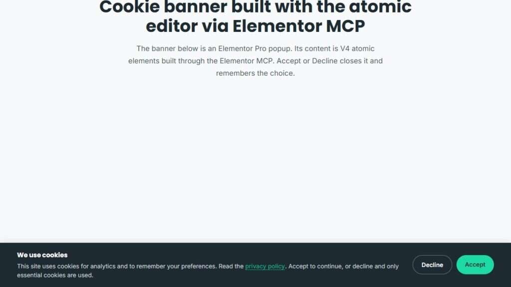 Screenshot of the finished cookie banner built with the atomic editor through Elementor MCP, pinned to the bottom of a desktop page on survyc.com