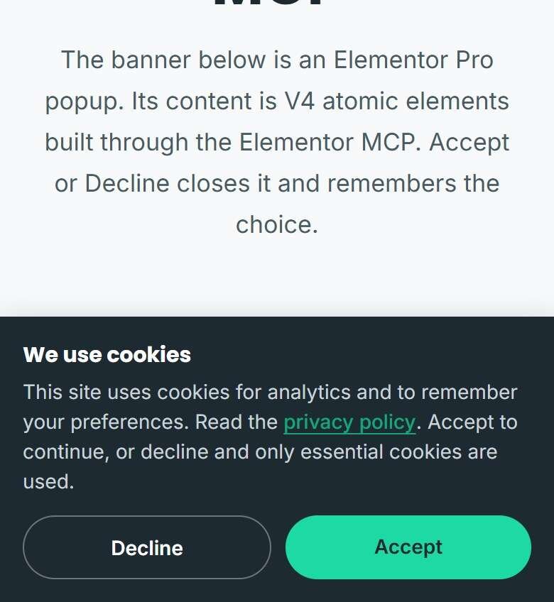 Mobile screenshot of the same Elementor MCP cookie banner with the text above and the Decline and Accept buttons stacked full width