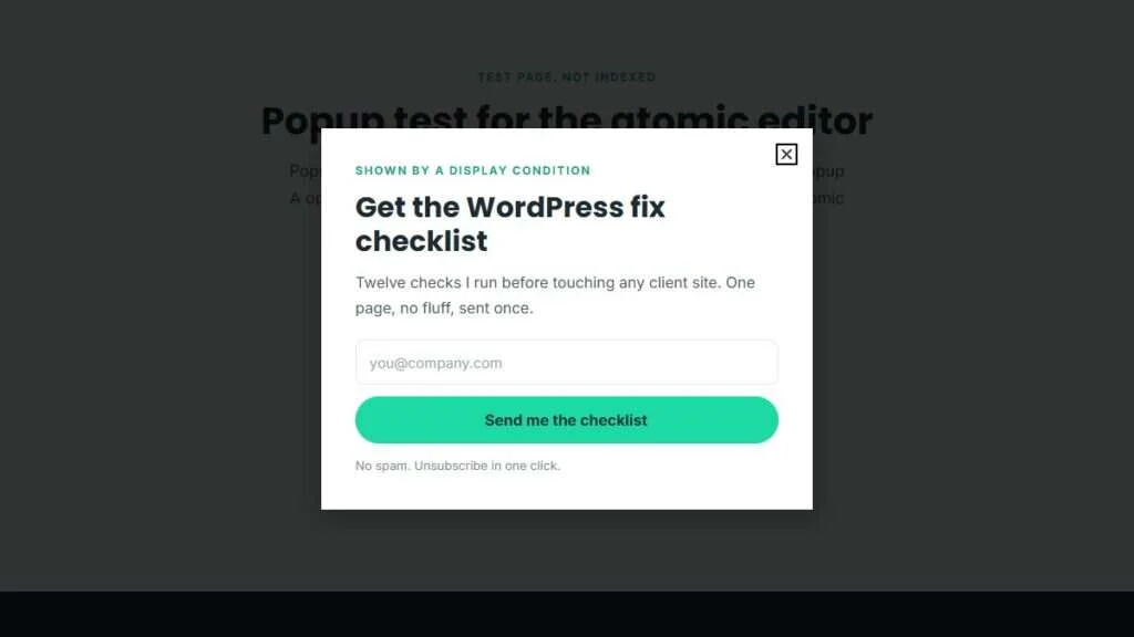 Screenshot of a popup created with the atomic editor on survyc.com, printed by a display condition and rendered with its Poppins heading, mint button and white card styling