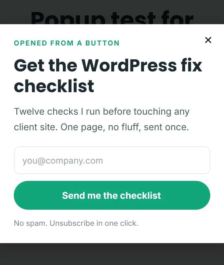Mobile screenshot of the same atomic editor popup opened from a V4 button with the Popup dynamic tag, fully styled on a phone-sized screen