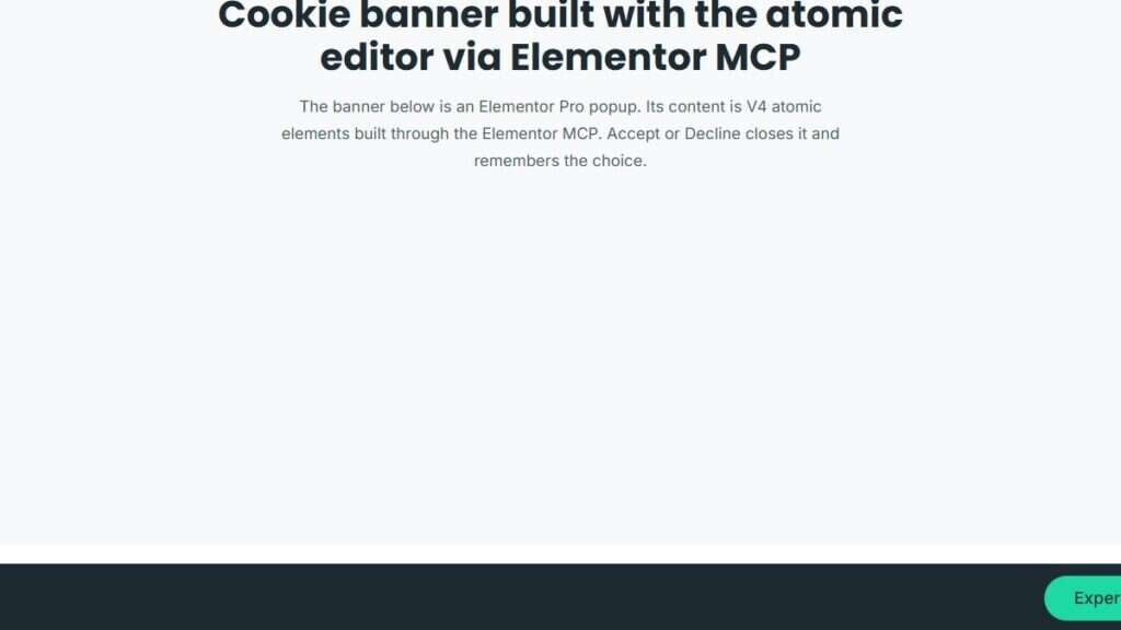 Screenshot of the test page after clicking Accept on the cookie banner in WordPress with Elementor MCP and reloading: the banner no longer appears