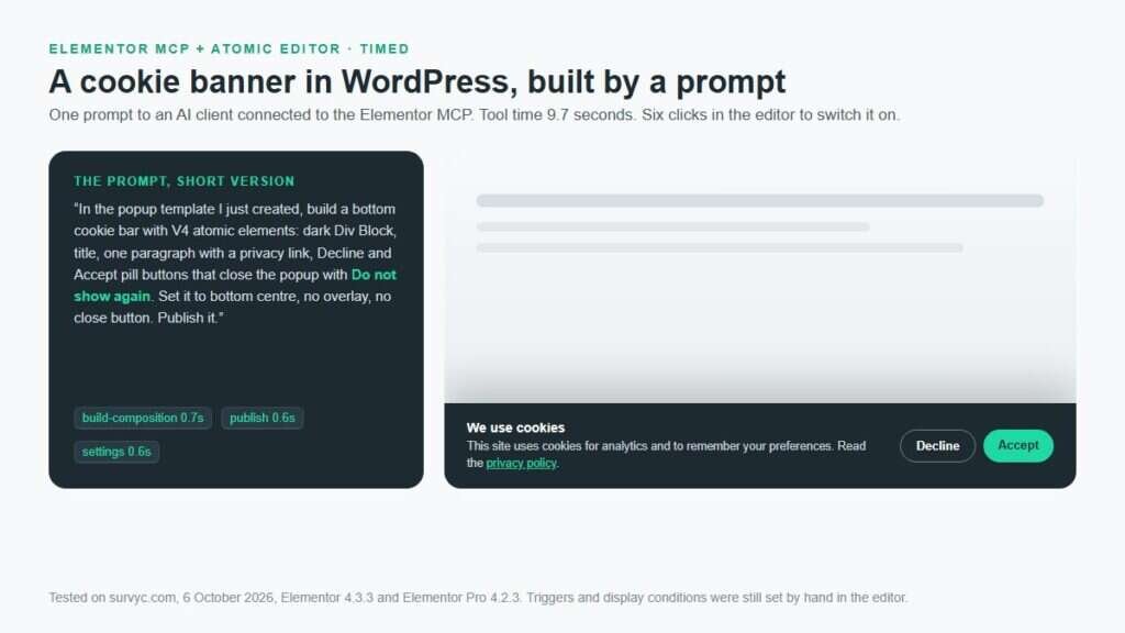 Cookie banner in WordPress with Elementor MCP: the short prompt on the left and the finished dark bottom bar with Decline and Accept buttons on the right